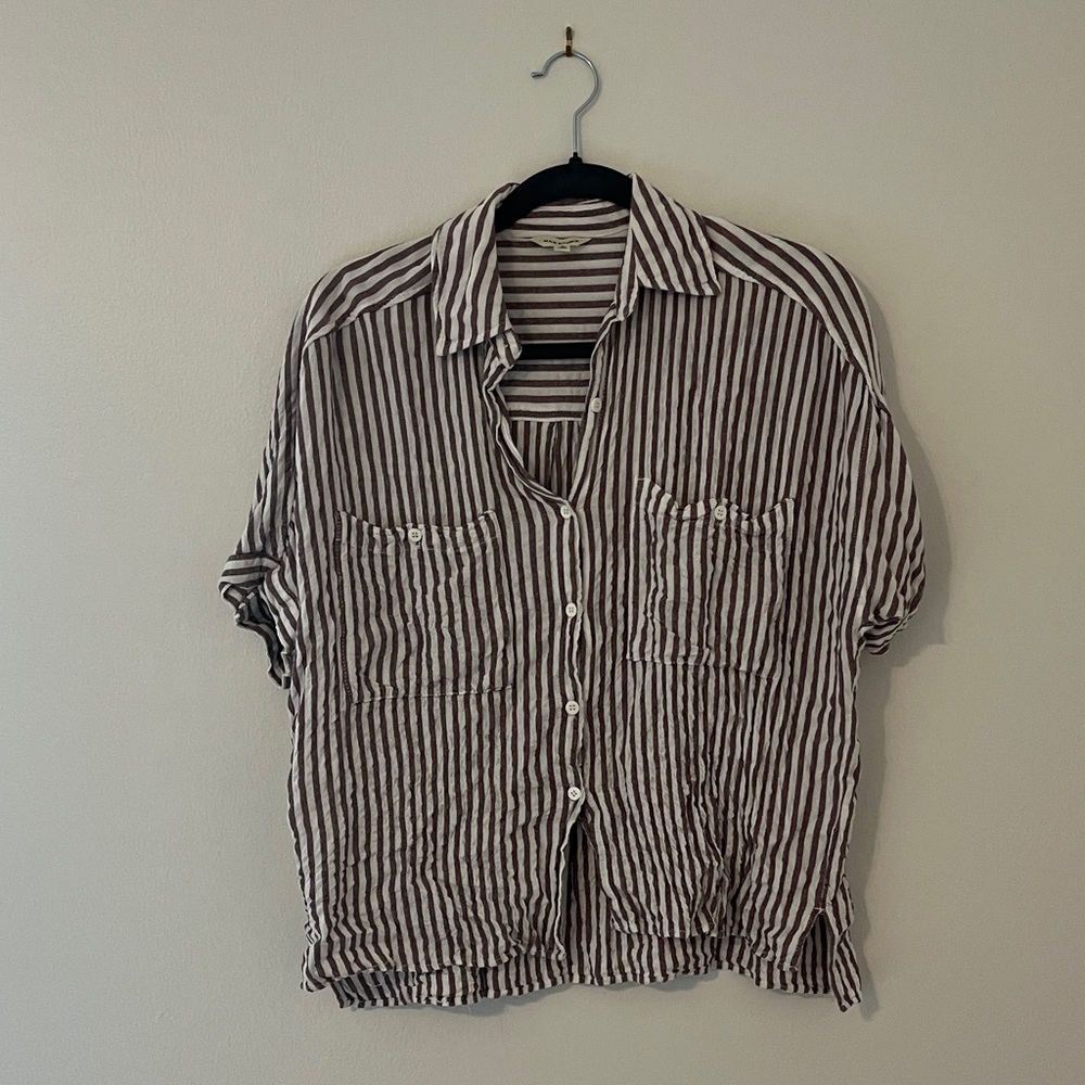 Max Studio Purple and White Striped Button Down Shirt (cropped fit)